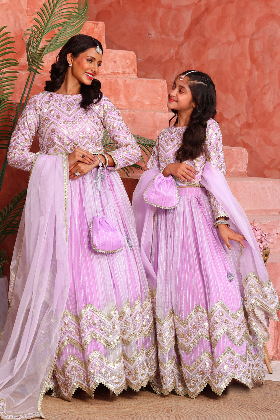Girls’ Lilac Gold Chevron Embroidered Lehenga Choli with Dupatta & Potli