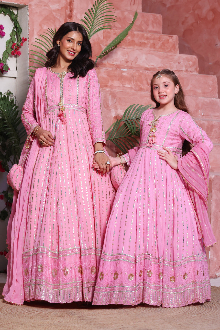 Girls’ Flamingo Pink Chikankari & Sequin Chiffon Maxi with Dupatta & Pouch