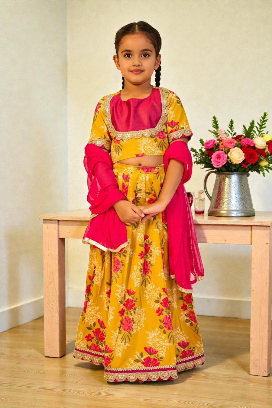 Girls Yellow Floral Lehenga with Pink Yoke Top and Dupatta (3 Piece)