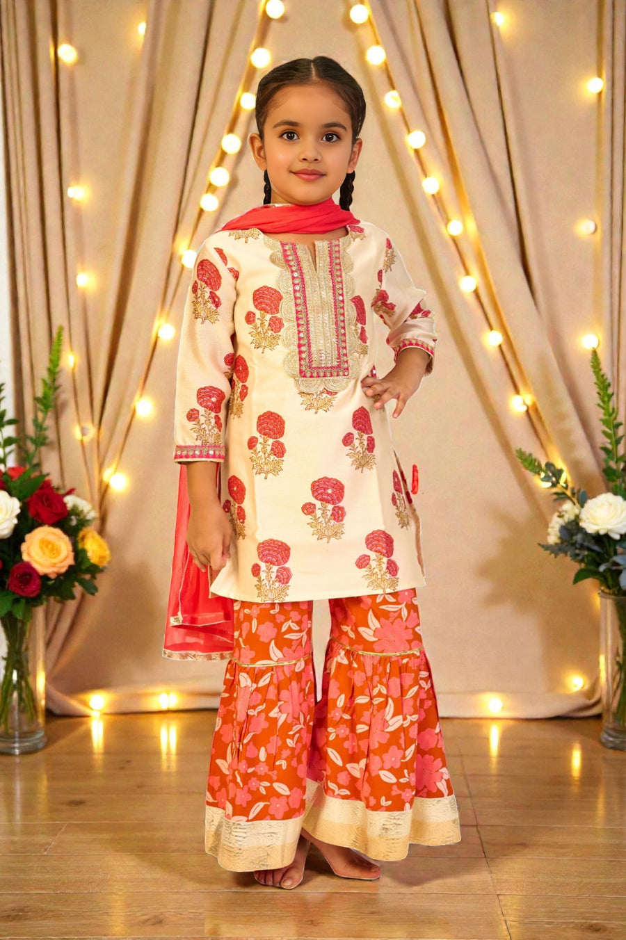 Girls Orange Handblock Chanderi Kurti with Modal Sharara and Dupatta (3 Piece)