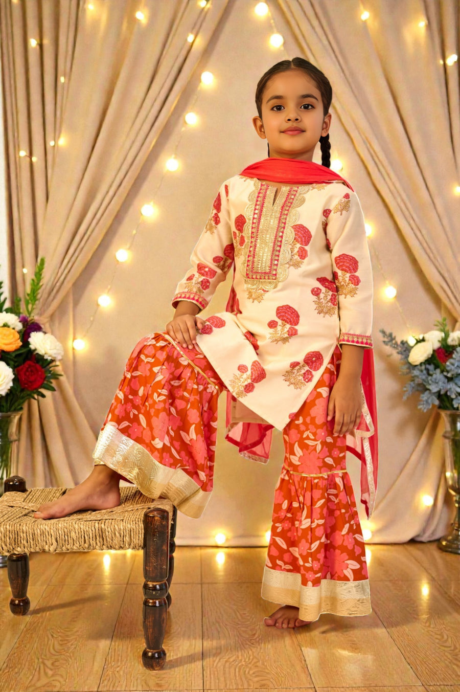 Girls Orange Handblock Chanderi Kurti with Modal Sharara and Dupatta (3 Piece)