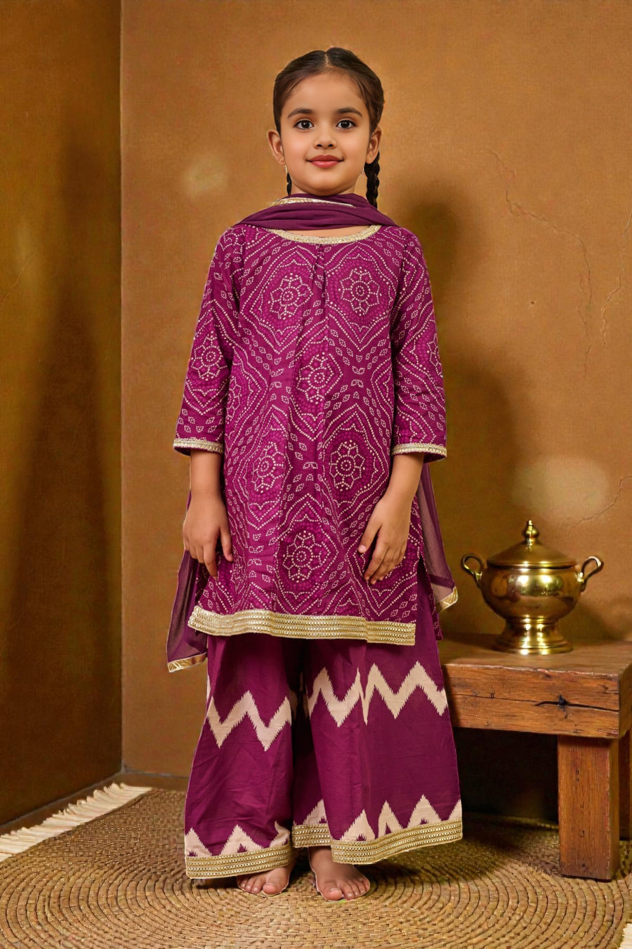 Girls Purple Bandhej Kurti with Leheriya Palazzo and Dupatta (3 Piece)