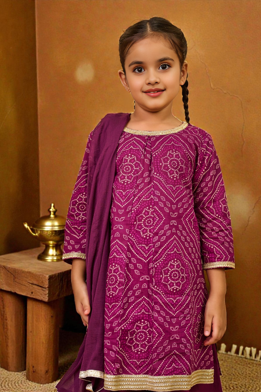 Girls Purple Bandhej Kurti with Leheriya Palazzo and Dupatta (3 Piece)