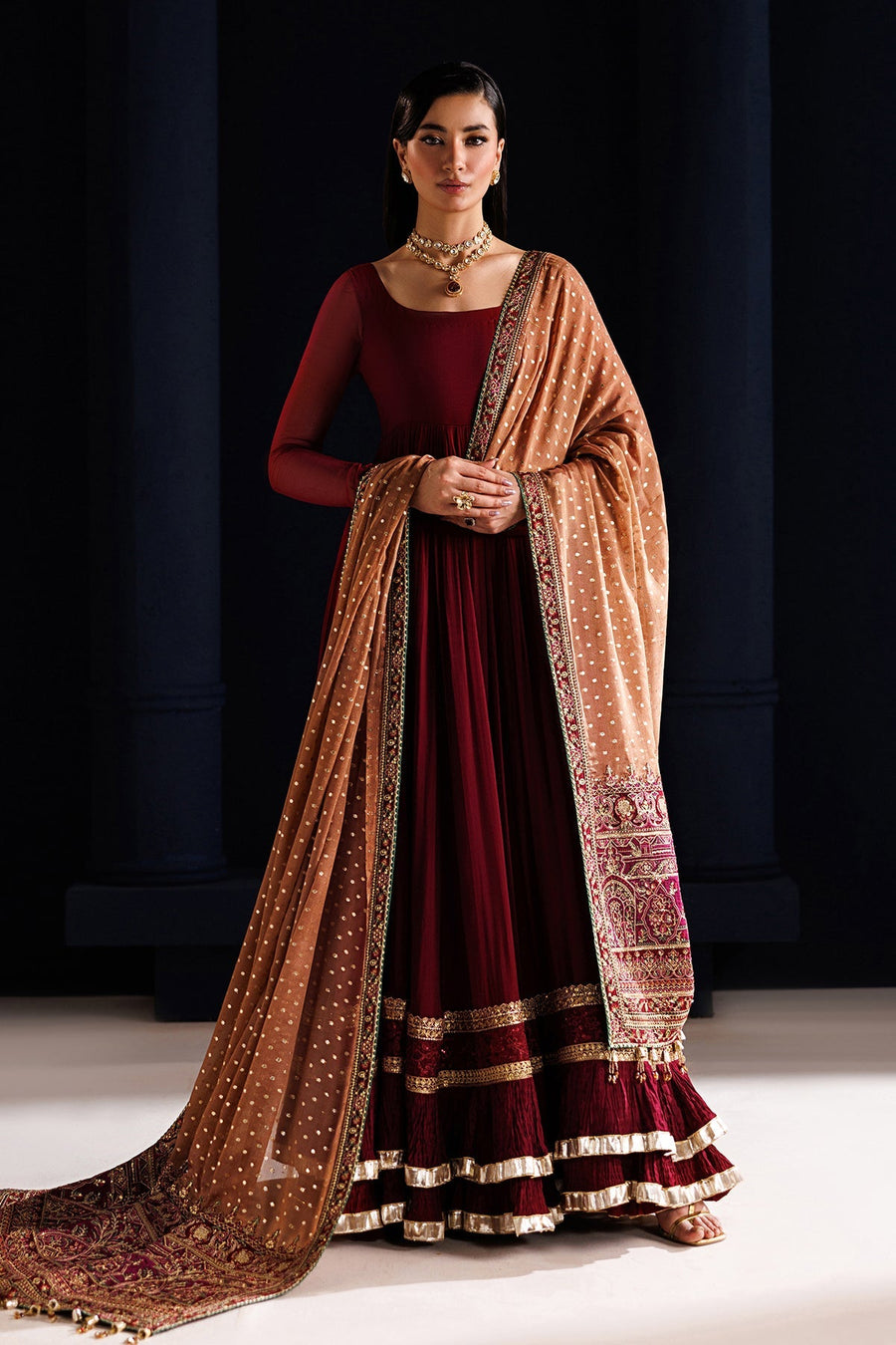 Embroidered Chiffon Frock 3-Piece Formal Suit with Zari Dupatta