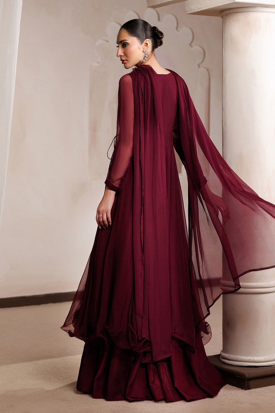 PR-1400 Embroidered Chiffon Angrakha 3-Piece Formal Suit with Sharara
