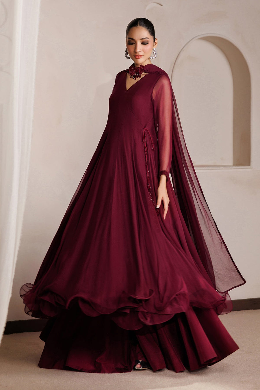 PR-1400 Embroidered Chiffon Angrakha 3-Piece Formal Suit with Sharara