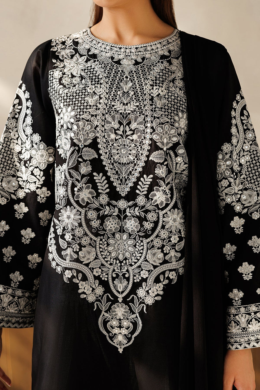 Black and White Embroidered Lawn Suit with Chiffon Dupatta