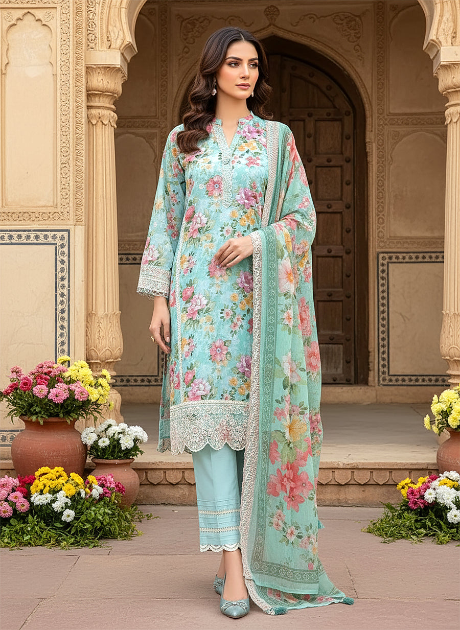 Cloudy Blue Floral Embroidered Lawn 3-Piece Stitched Suit with Cutwork Chiffon Dupatta