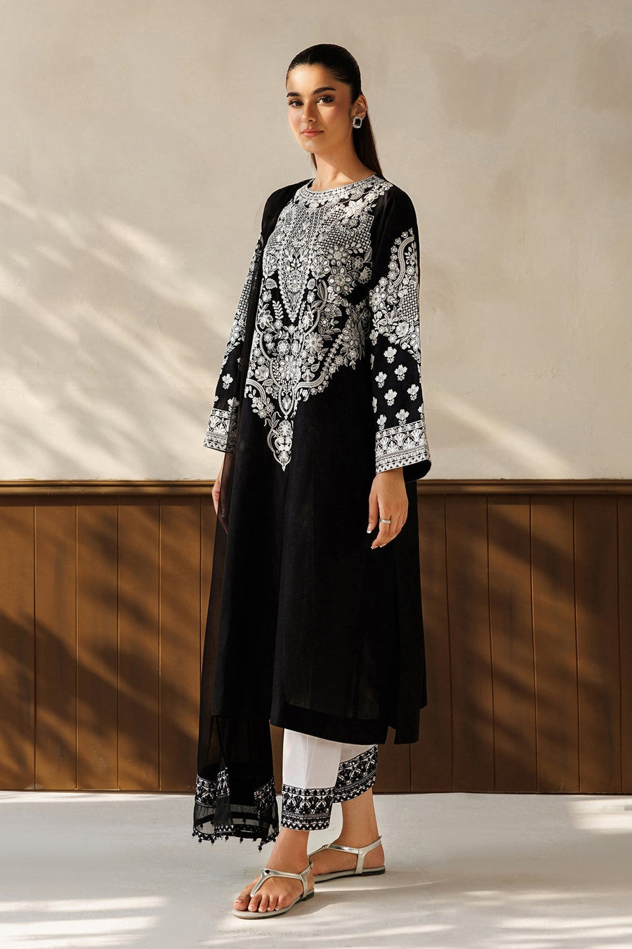 Black and White Embroidered Lawn Suit with Chiffon Dupatta