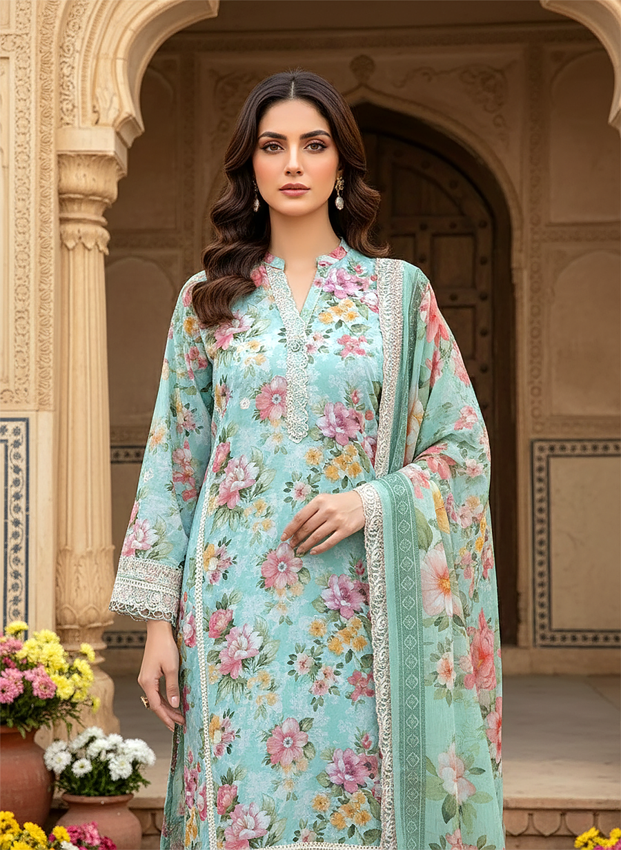 Cloudy Blue Floral Embroidered Lawn 3-Piece Stitched Suit with Cutwork Chiffon Dupatta