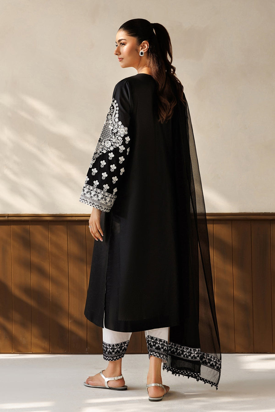 Black and White Embroidered Lawn Suit with Chiffon Dupatta