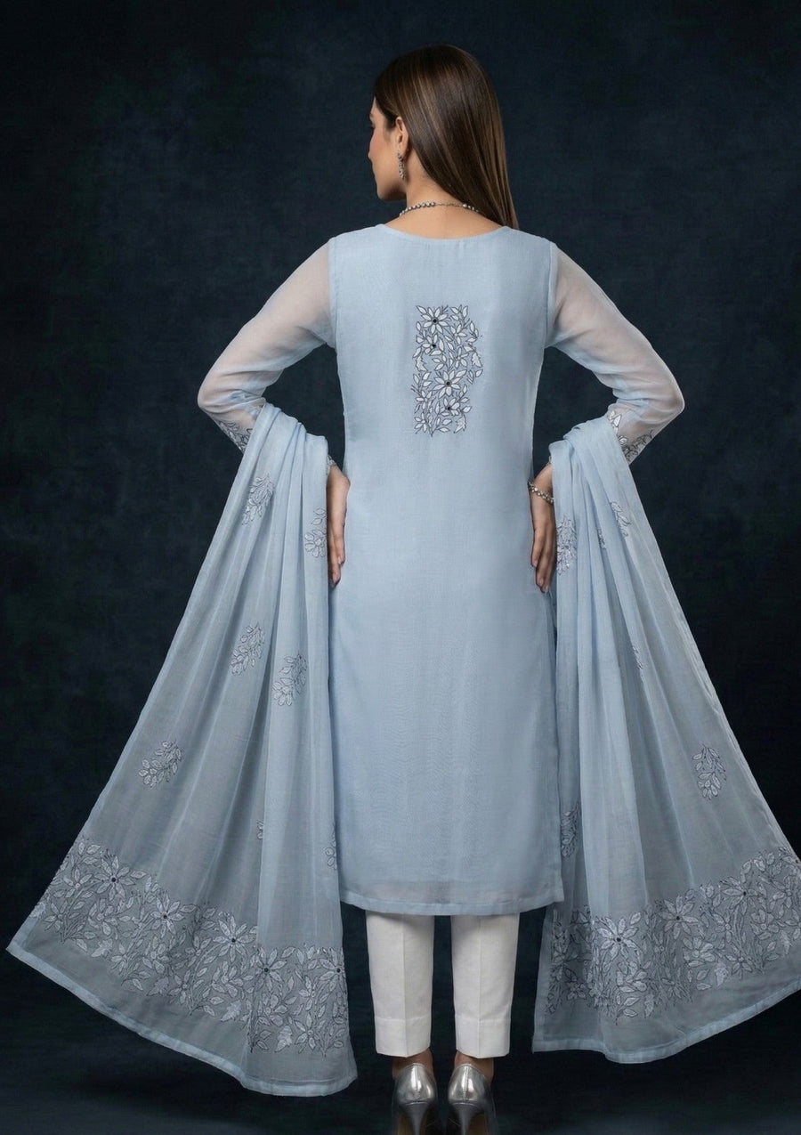 Sky Blue Chikankari & Mukesh Work Net Suit with Dupatta - Pehnaawaa