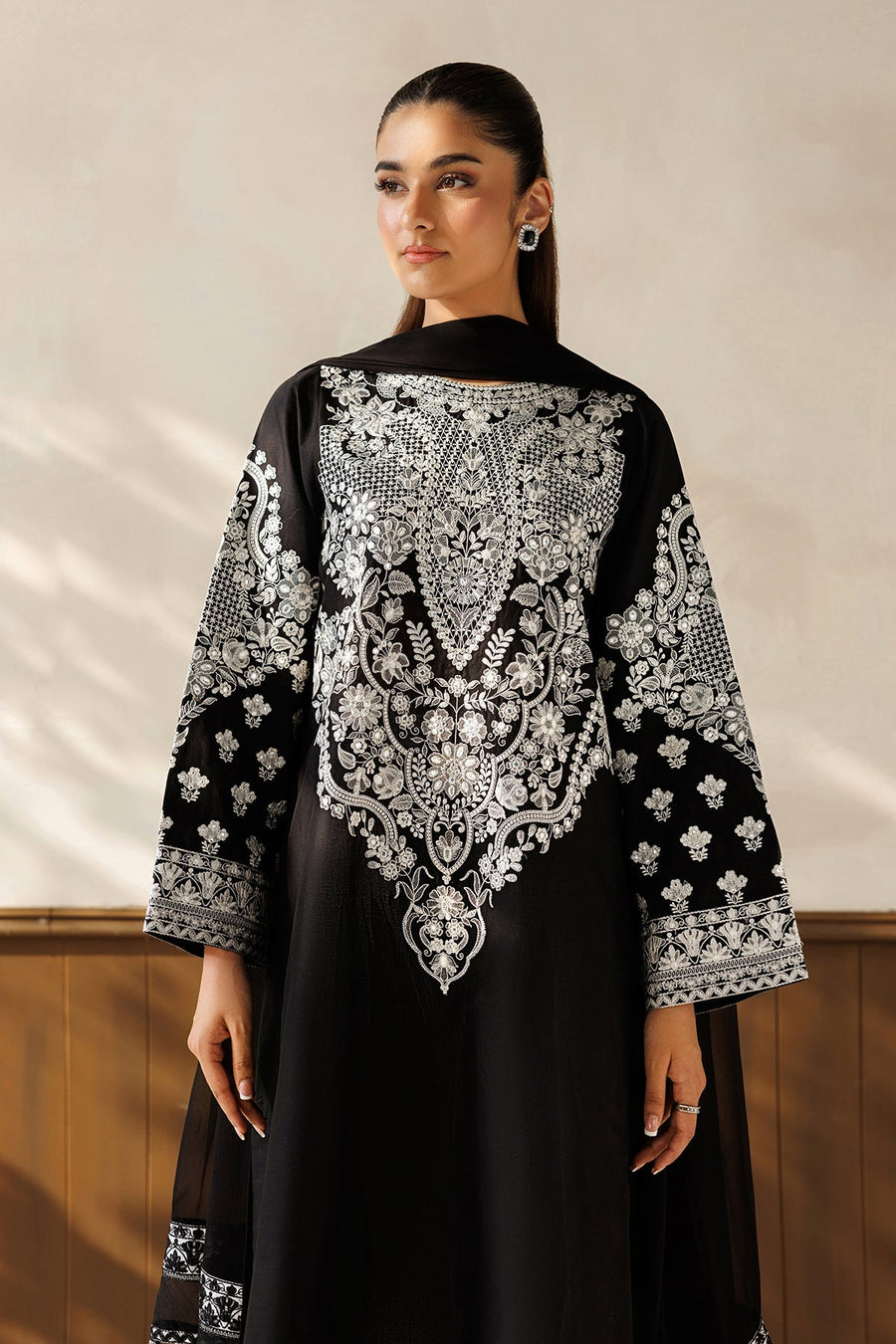 Black and White Embroidered Lawn Suit with Chiffon Dupatta