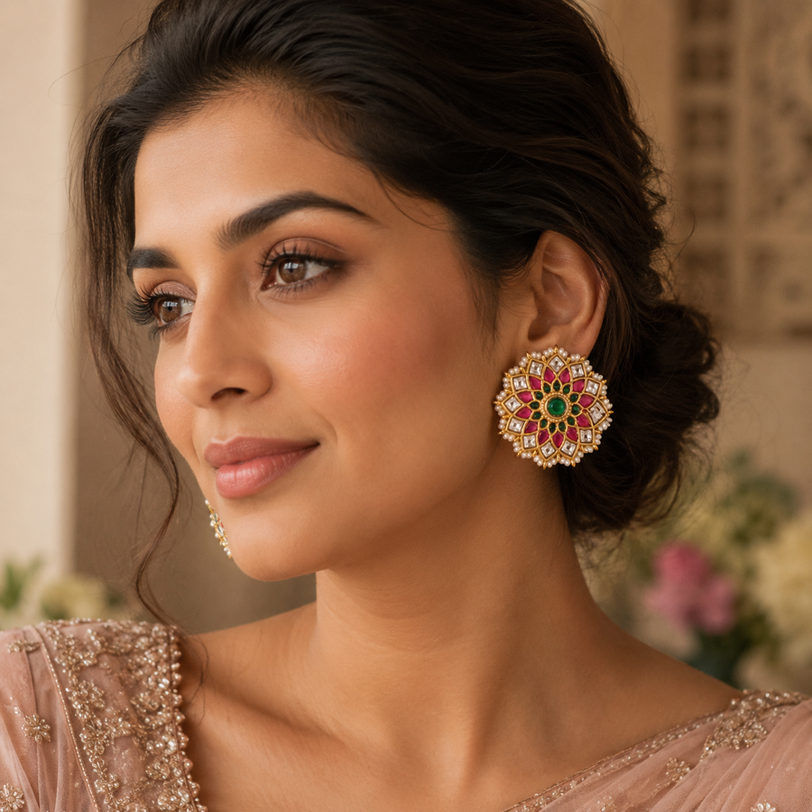 Pink and Green Jadau Kundan Floral Stud Earrings with Pearl Border