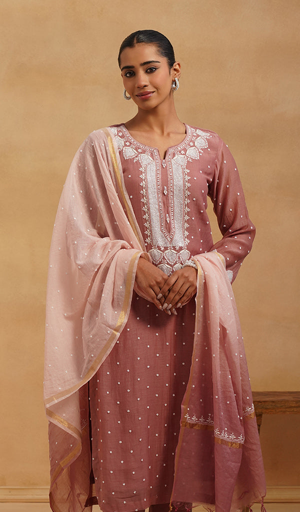 Jazba Women's Lakhnavi Handcrafted Mul Chanderi Chikankari Stitched Kurta, Dupatta And Pant Set