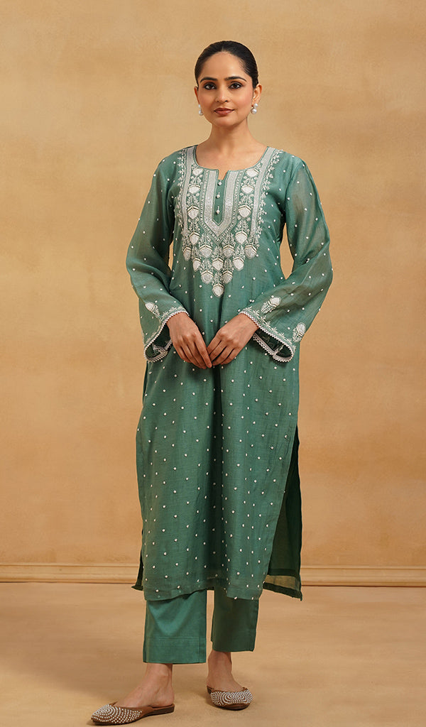 Women's Lakhnavi Handcrafted Mul Chanderi Chikankari Stitched Kurta, Dupatta And Pant Set