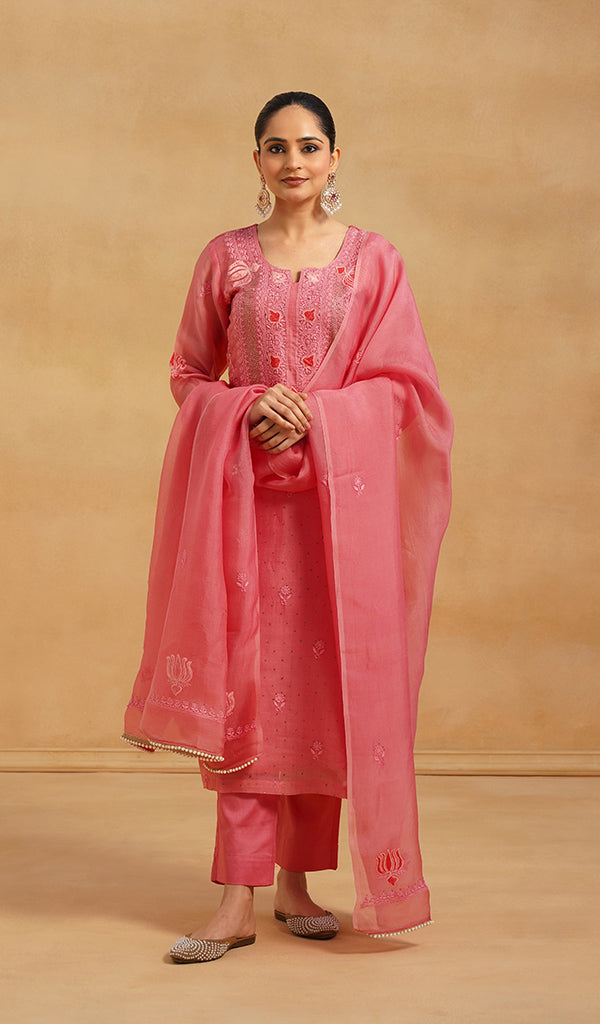 Women's Lucknowi Handcrafted Pure Organza Silk Stitched Chikankari Kurta, Dupatta With Pant Set