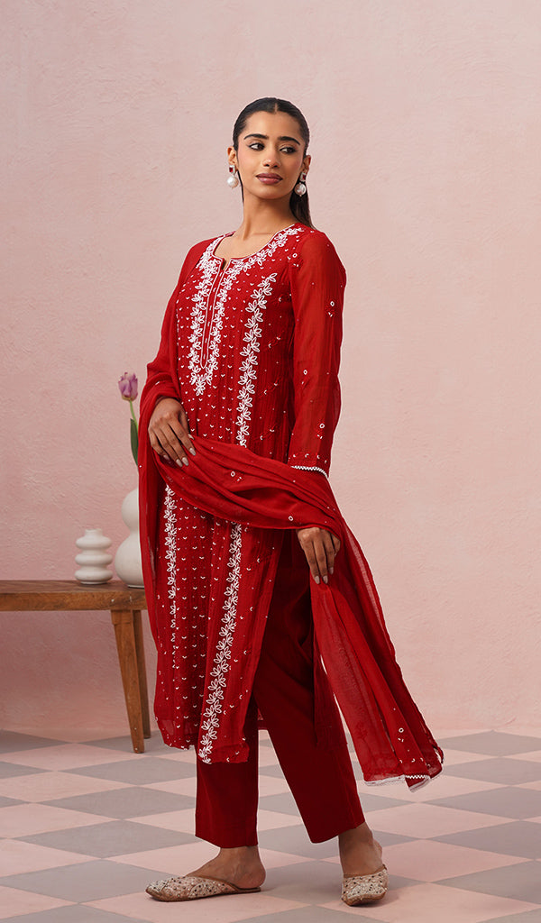 Saziya Women's Lakhnavi Handcrafted Mul Chanderi Chikankari Stitched Kurta, Dupatta And Pant Set
