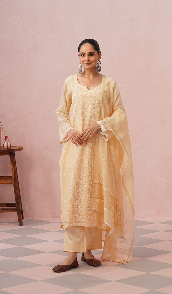 Women's Lakhnavi Handcrafted Mul Chanderi Chikankari Stitched Kurta, Dupatta And Pant Set - HONC0457995