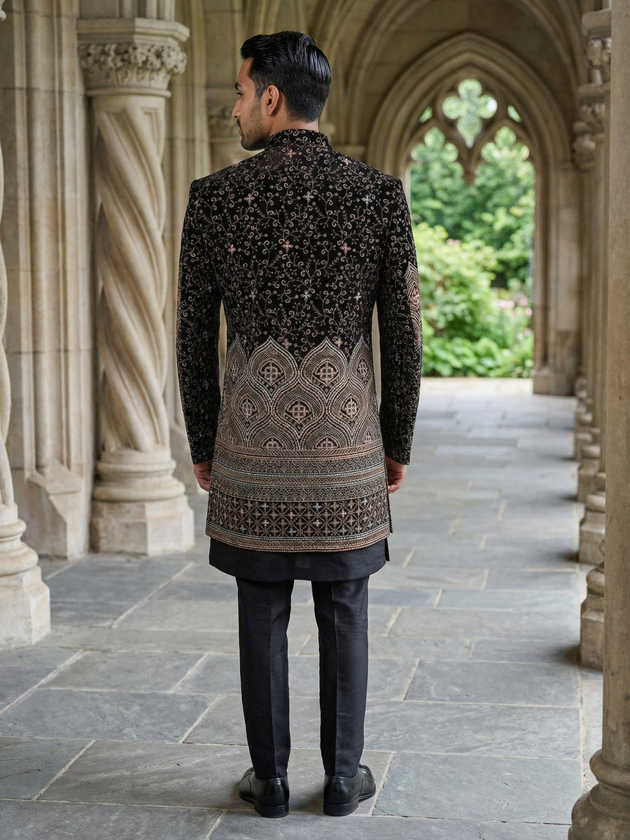 Men’s Black Embroidered Indo-Western Set ( 50JIND 130Black S )