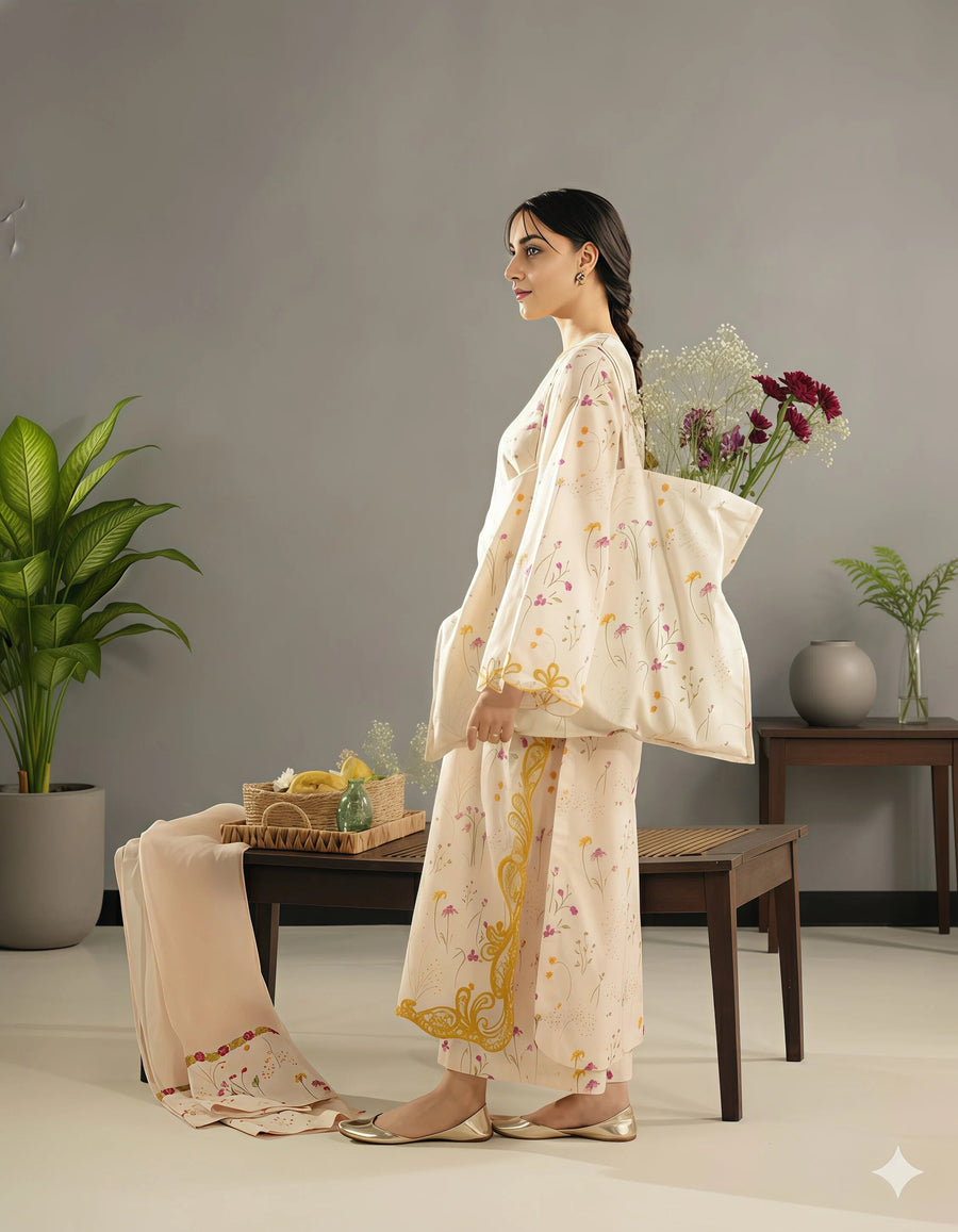 Golden Flora 3-Piece Stitched Suit Khaddar
