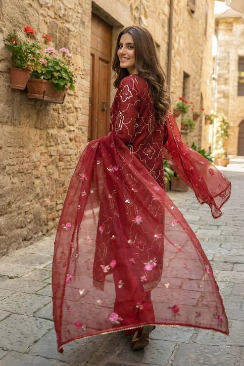3 Piece - Embroidered Korean Silk Suit - Pehnaawaa