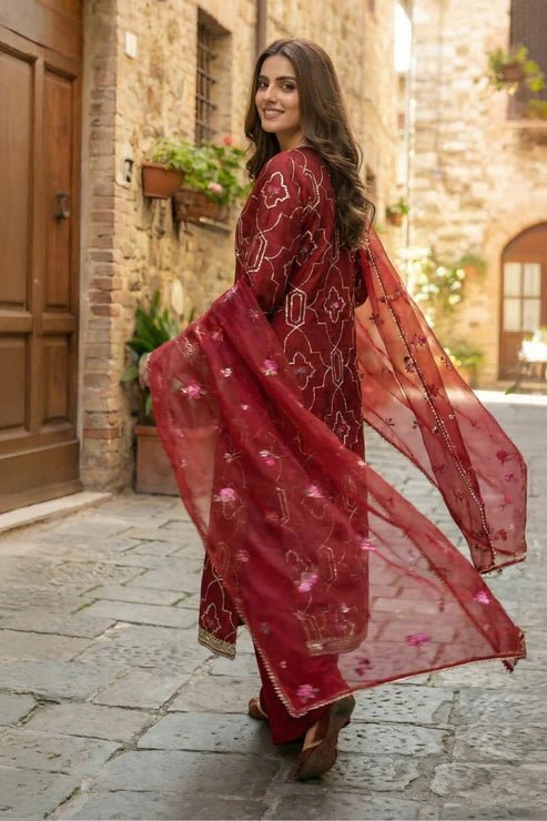 3 Piece - Embroidered Korean Silk Suit - Pehnaawaa