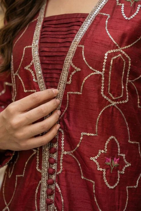 3 Piece - Embroidered Korean Silk Suit - Pehnaawaa