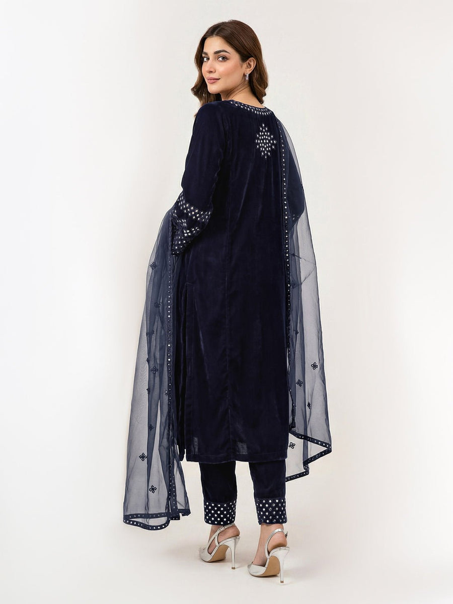 3 Piece Velvet Suit - Embroidered (Pret) - Pehnaawaa