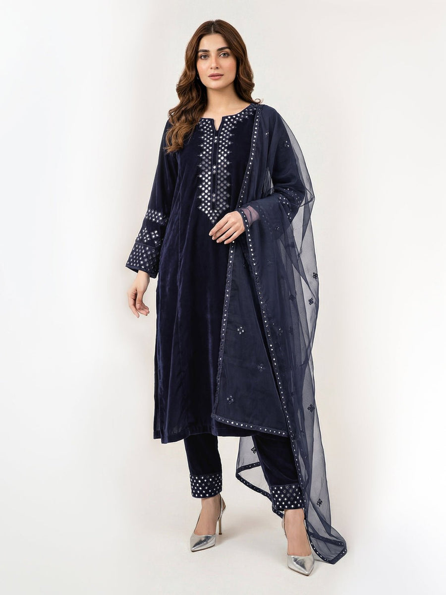 3 Piece Velvet Suit - Embroidered (Pret) - Pehnaawaa