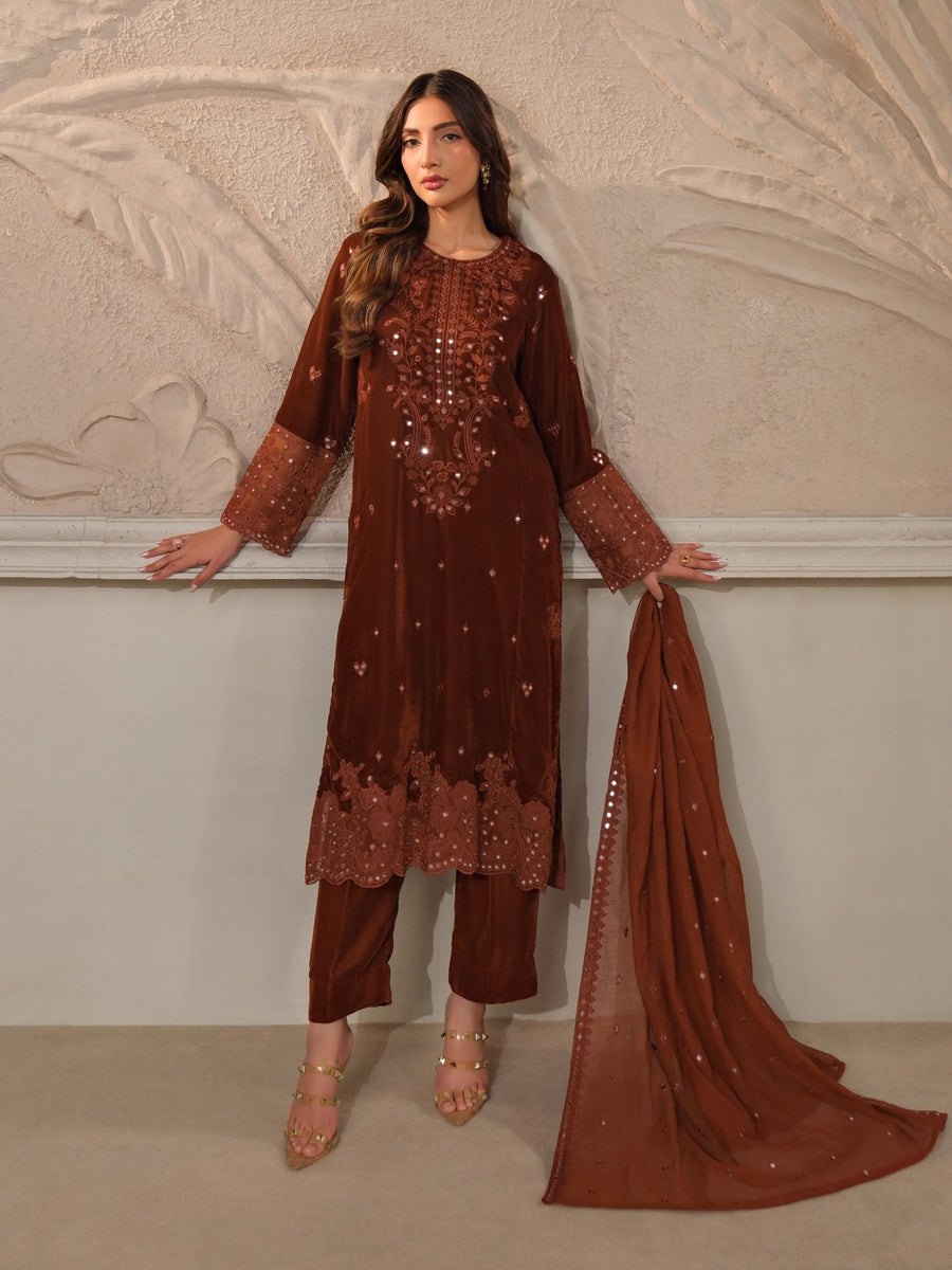 3 Piece Velvet Suit - Embroidered (Unstitched) - Pehnaawaa