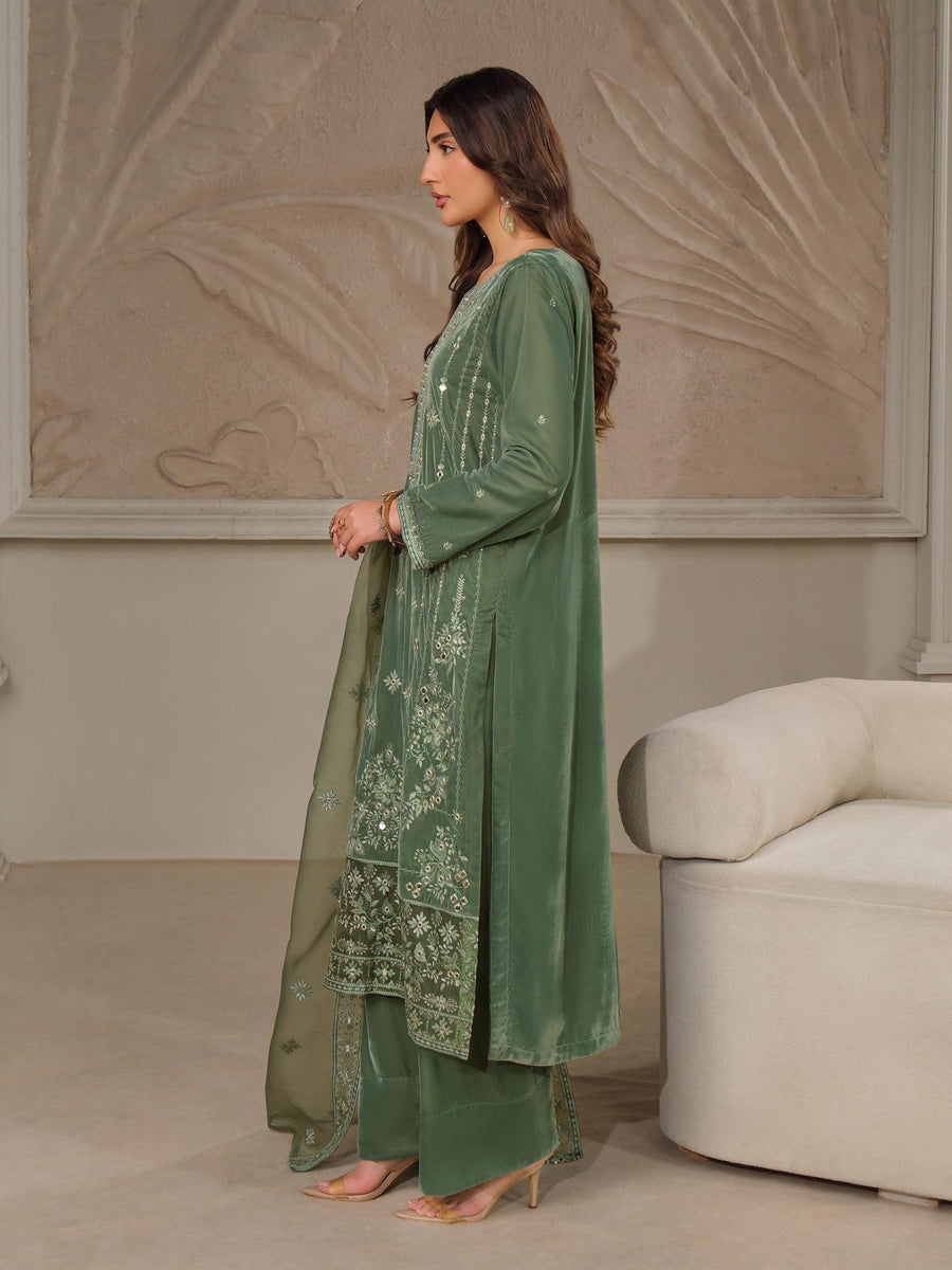 3 Piece Velvet Suit - Embroidered (Unstitched) - Pehnaawaa