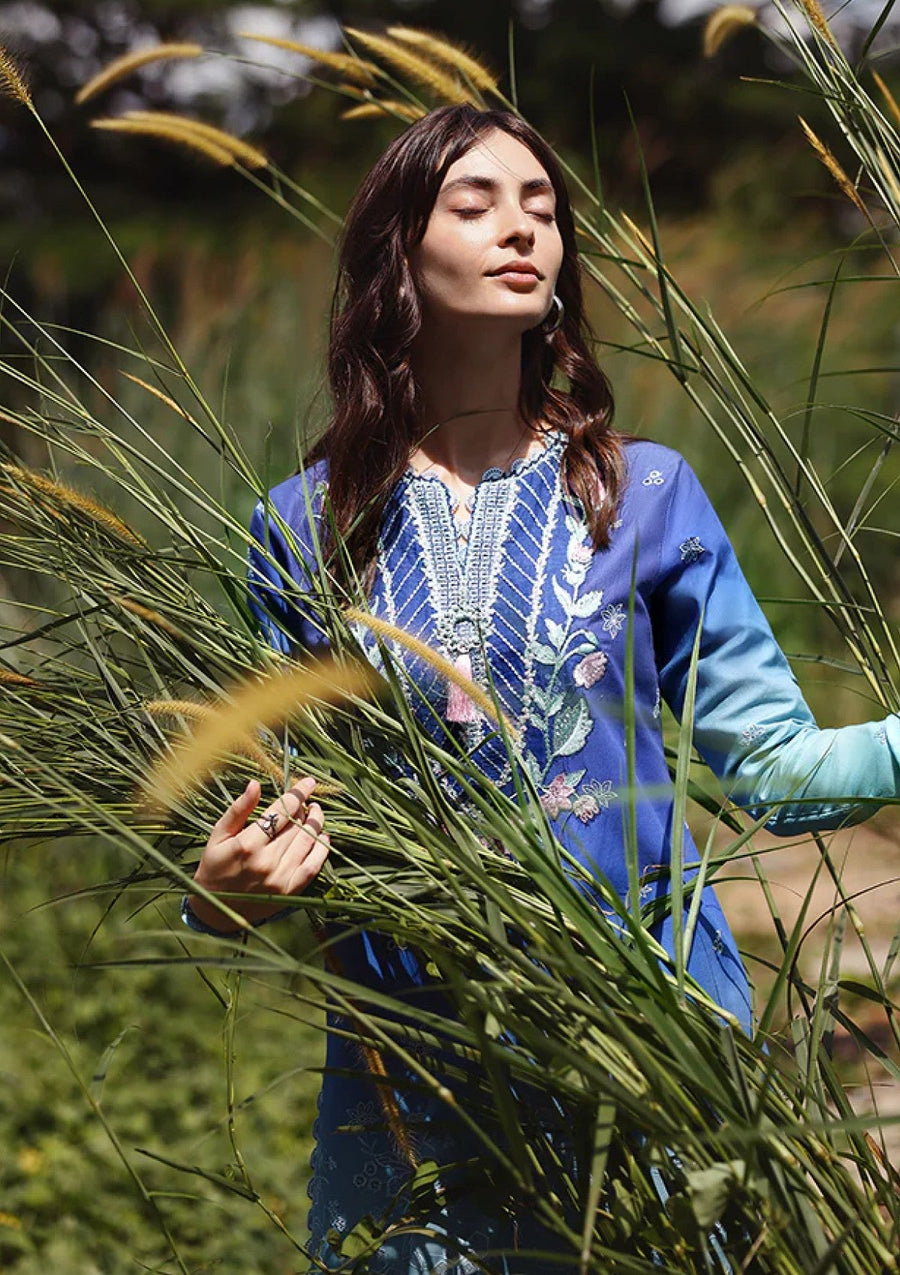 Ombre Blue Chikankari Lawn Suit with Digital Printed Silk Dupatta - Pehnaawaa