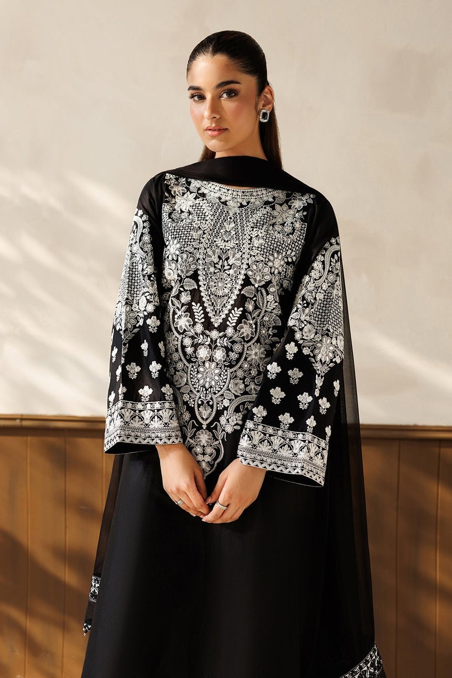 Black and White Embroidered Lawn Suit with Chiffon Dupatta