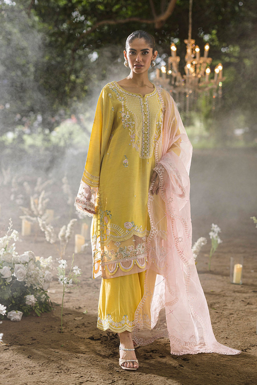Lemon Yellow Embroidered Organza 3 Piece Suit with Pink Dupatta