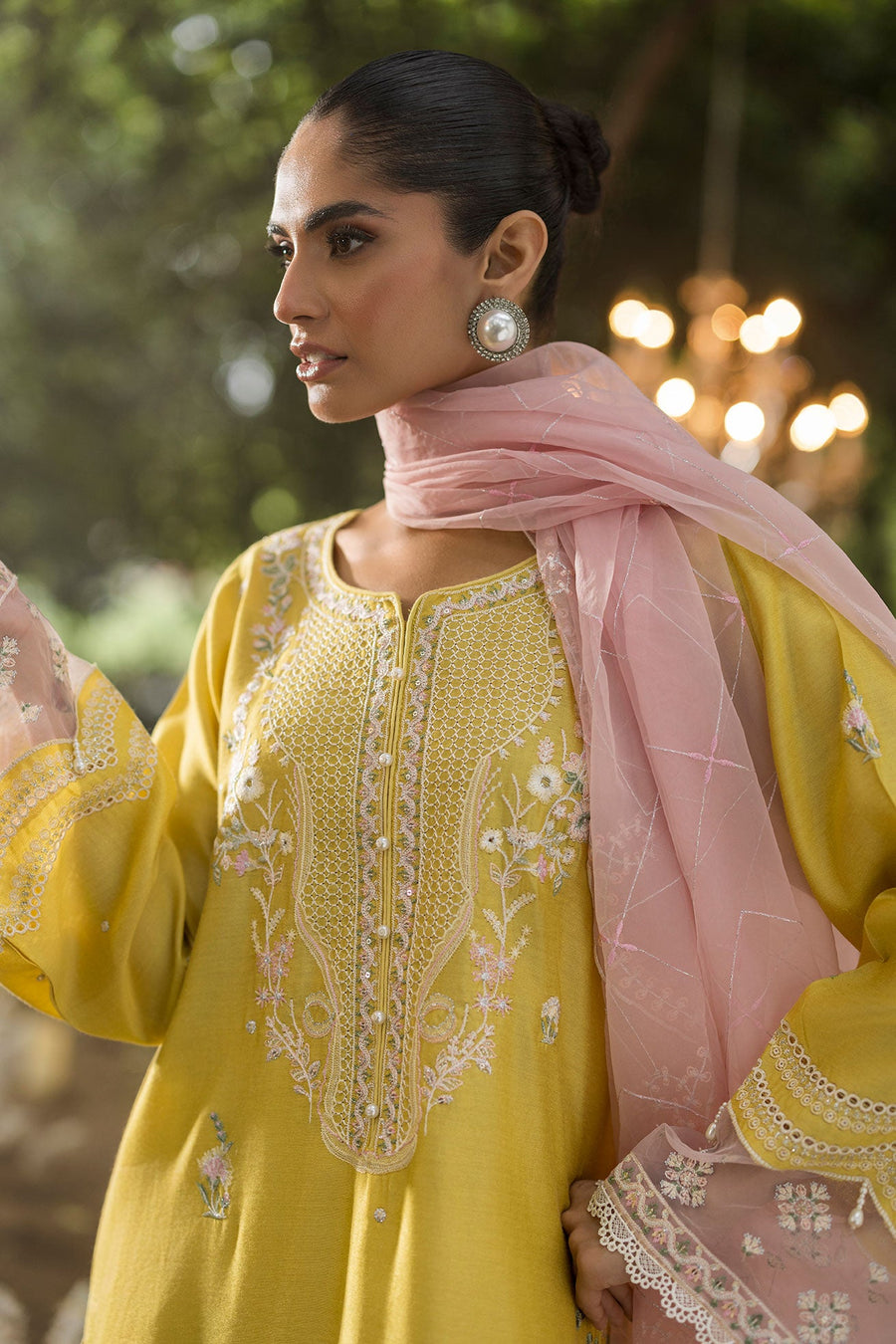 Lemon Yellow Embroidered Organza 3 Piece Suit with Pink Dupatta