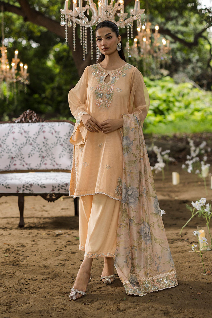 Peach Embroidered Organza 3 Piece Pakistani Suit with Floral Silk Dupatta