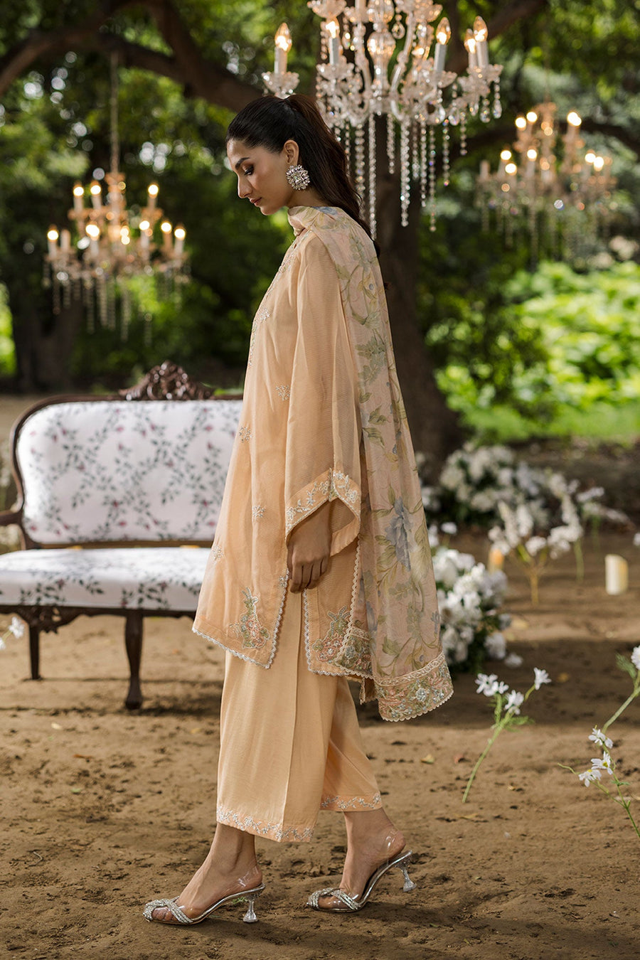 Peach Embroidered Organza 3 Piece Pakistani Suit with Floral Silk Dupatta
