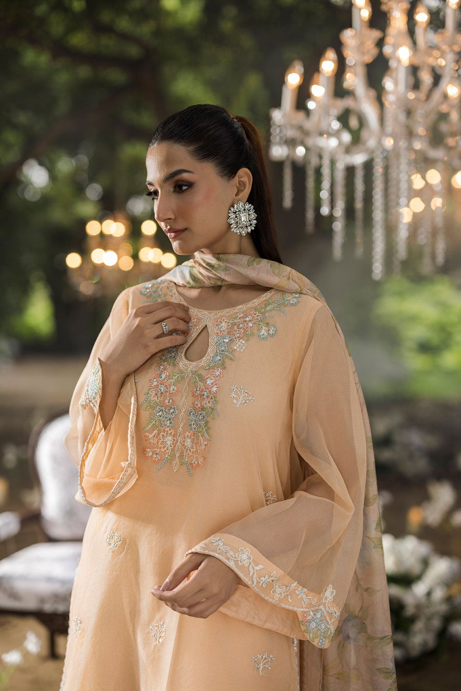 Peach Embroidered Organza 3 Piece Pakistani Suit with Floral Silk Dupatta