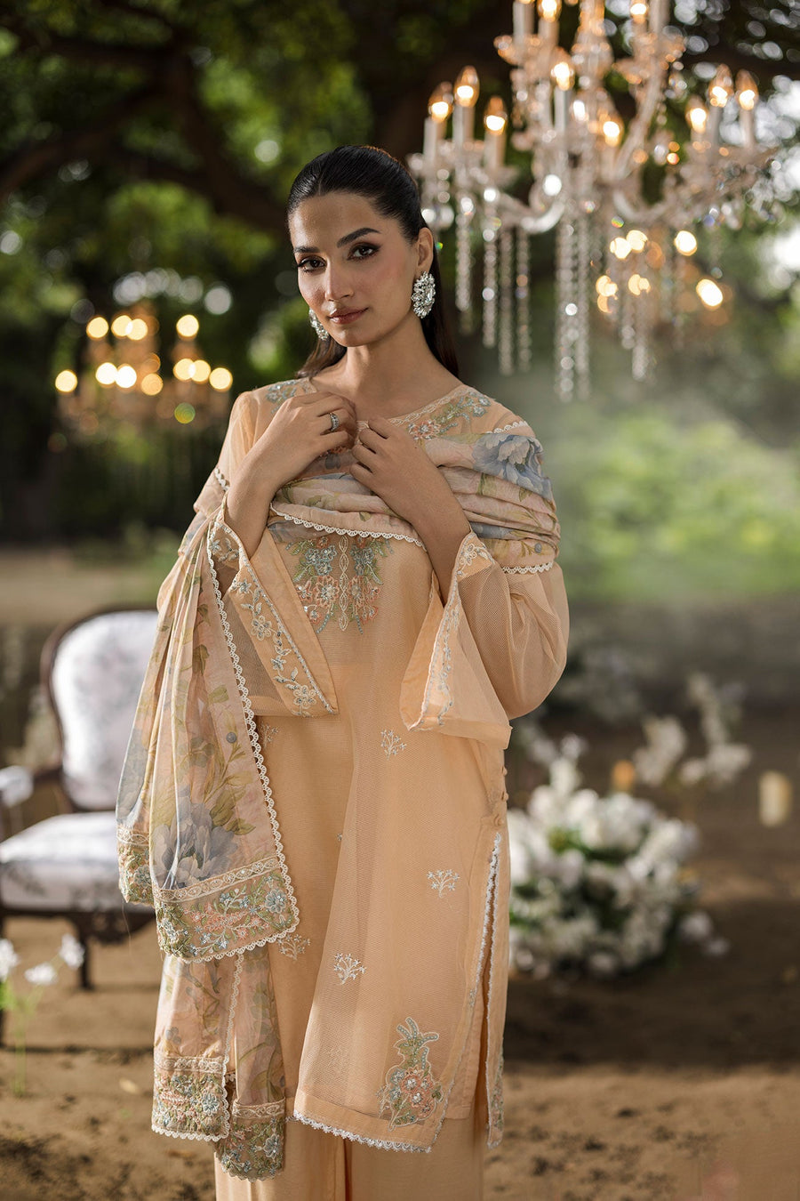 Peach Embroidered Organza 3 Piece Pakistani Suit with Floral Silk Dupatta
