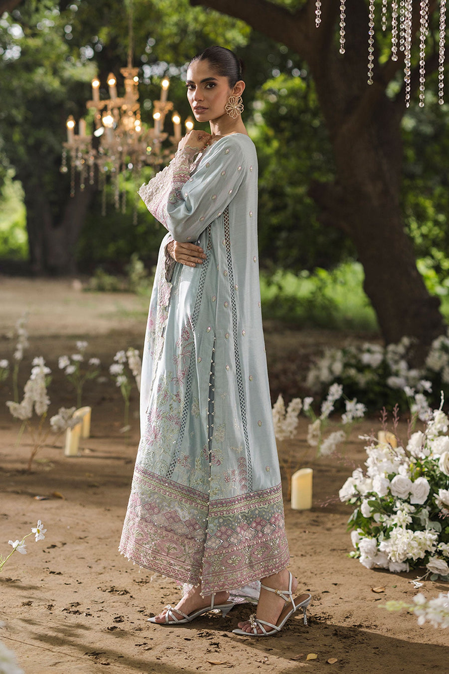 Sky Blue Embroidered Cotton Net 3-Piece Suit with Floral Silk Dupatta