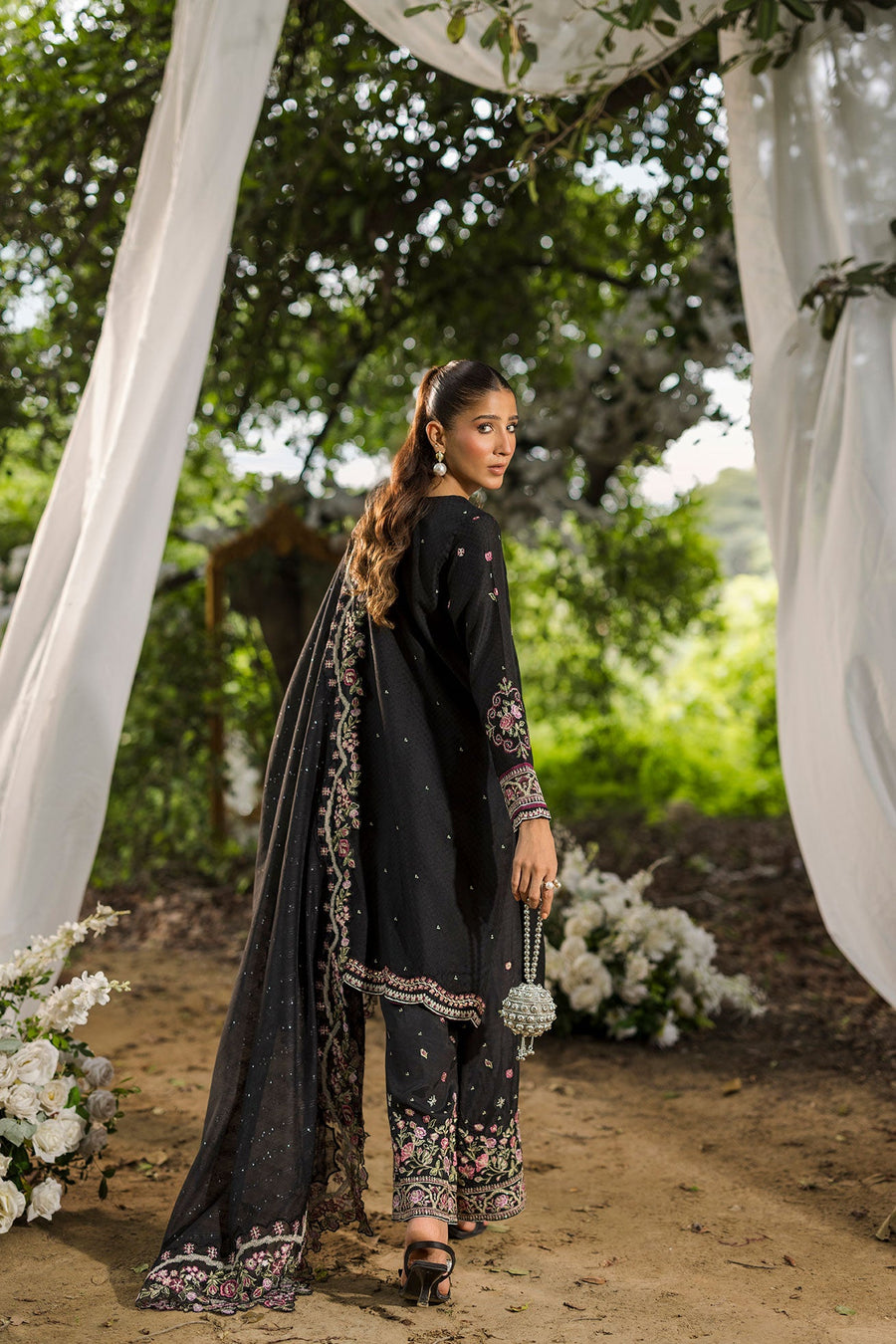 Black Embroidered Cotton Jacquard 3 Piece Pakistani Suit with Silk Dupatta