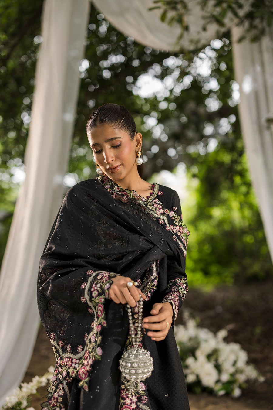 Black Embroidered Cotton Jacquard 3 Piece Pakistani Suit with Silk Dupatta