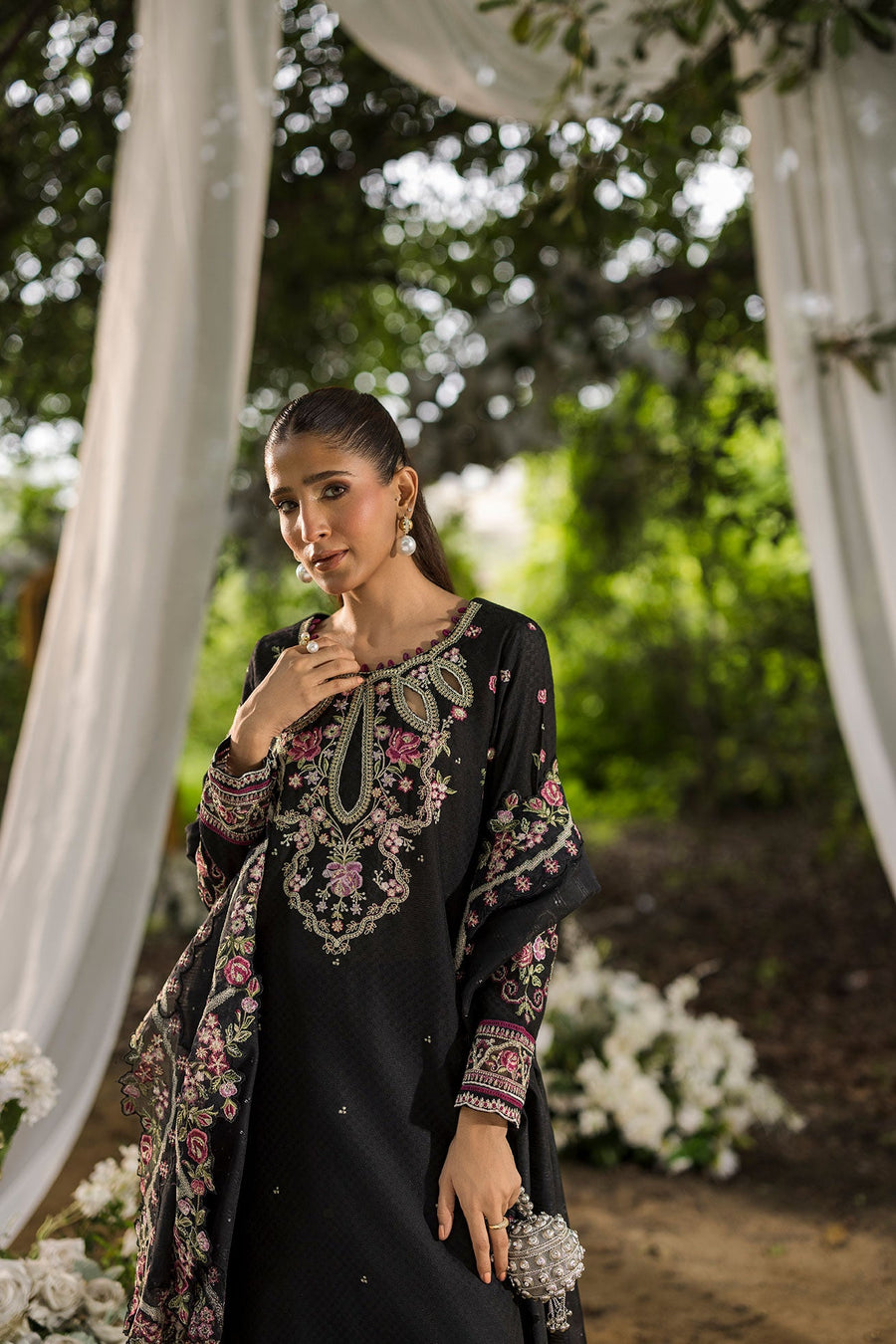 Black Embroidered Cotton Jacquard 3 Piece Pakistani Suit with Silk Dupatta