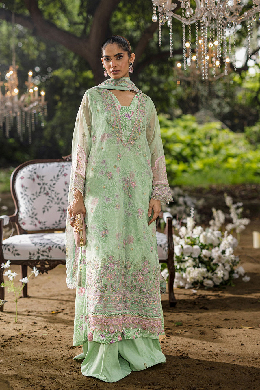 Mint Green Embroidered Organza 3 Piece Pakistani Suit with Silk Dupatta