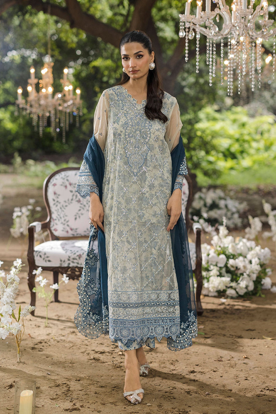 Soft Grey Embroidered Organza 3-Piece Suit with Deep Blue Dupatta