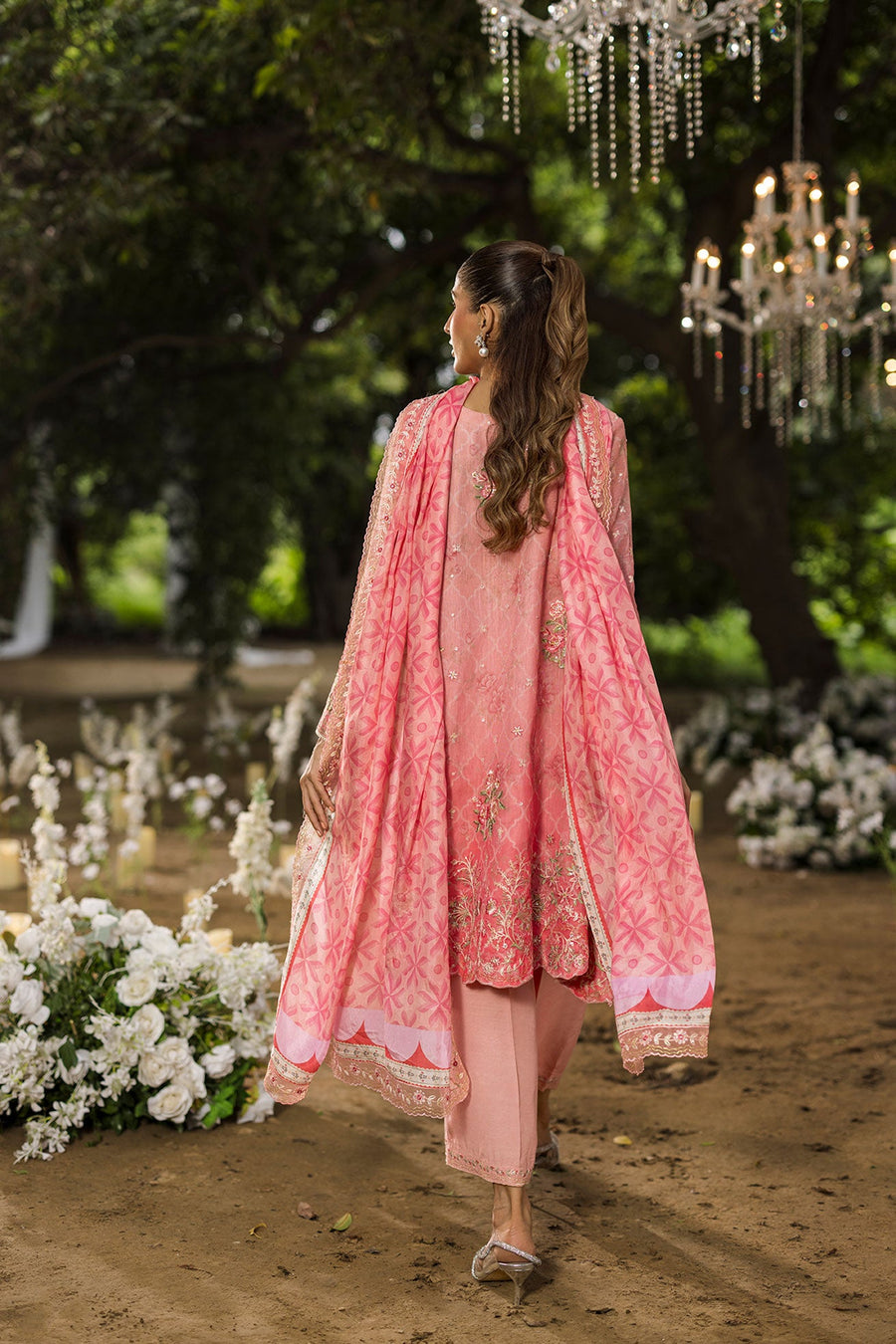 Rose Pink Embroidered Khaddi Net 3 Piece Suit with Silk Dupatta