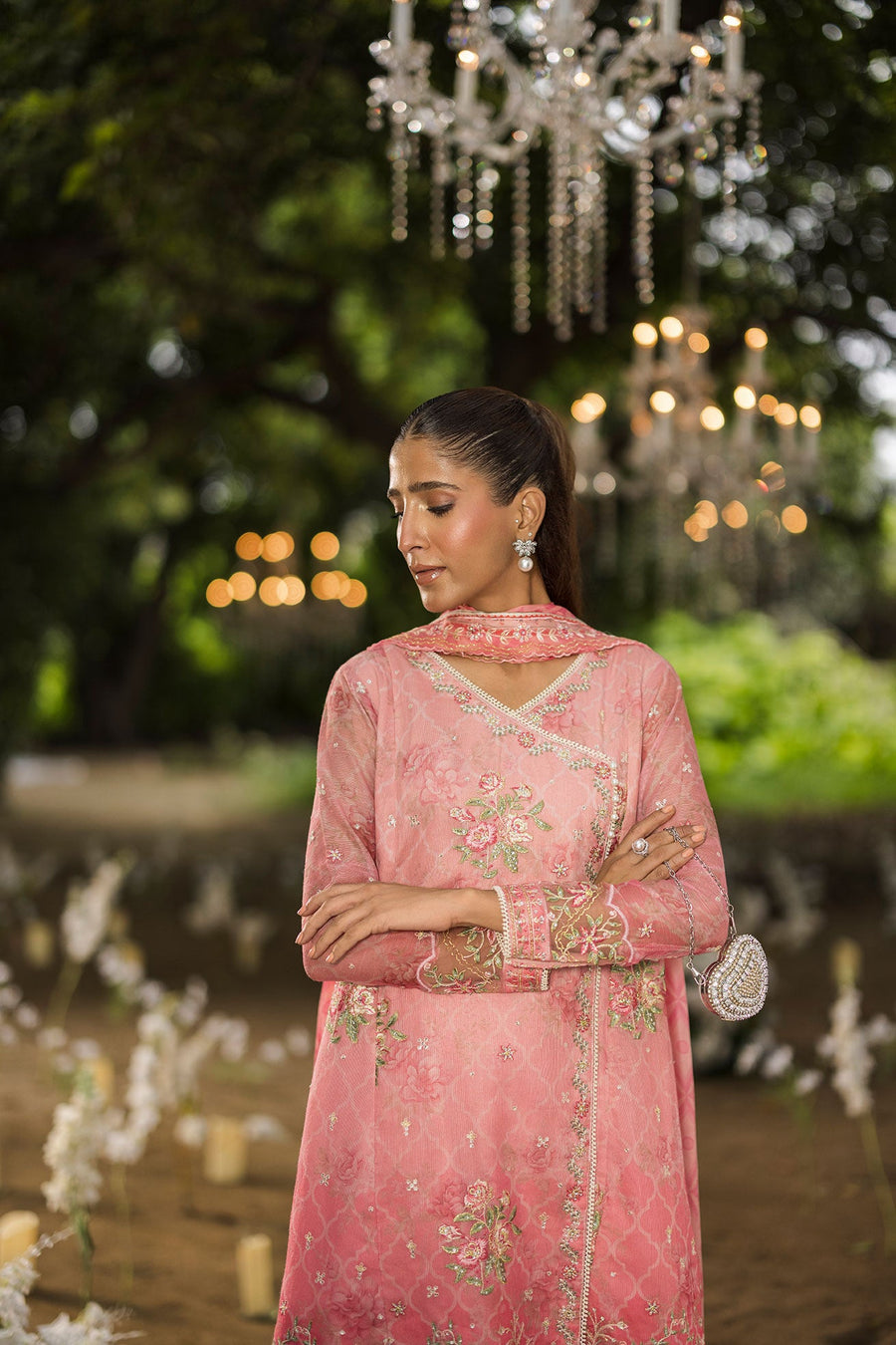 Rose Pink Embroidered Khaddi Net 3 Piece Suit with Silk Dupatta