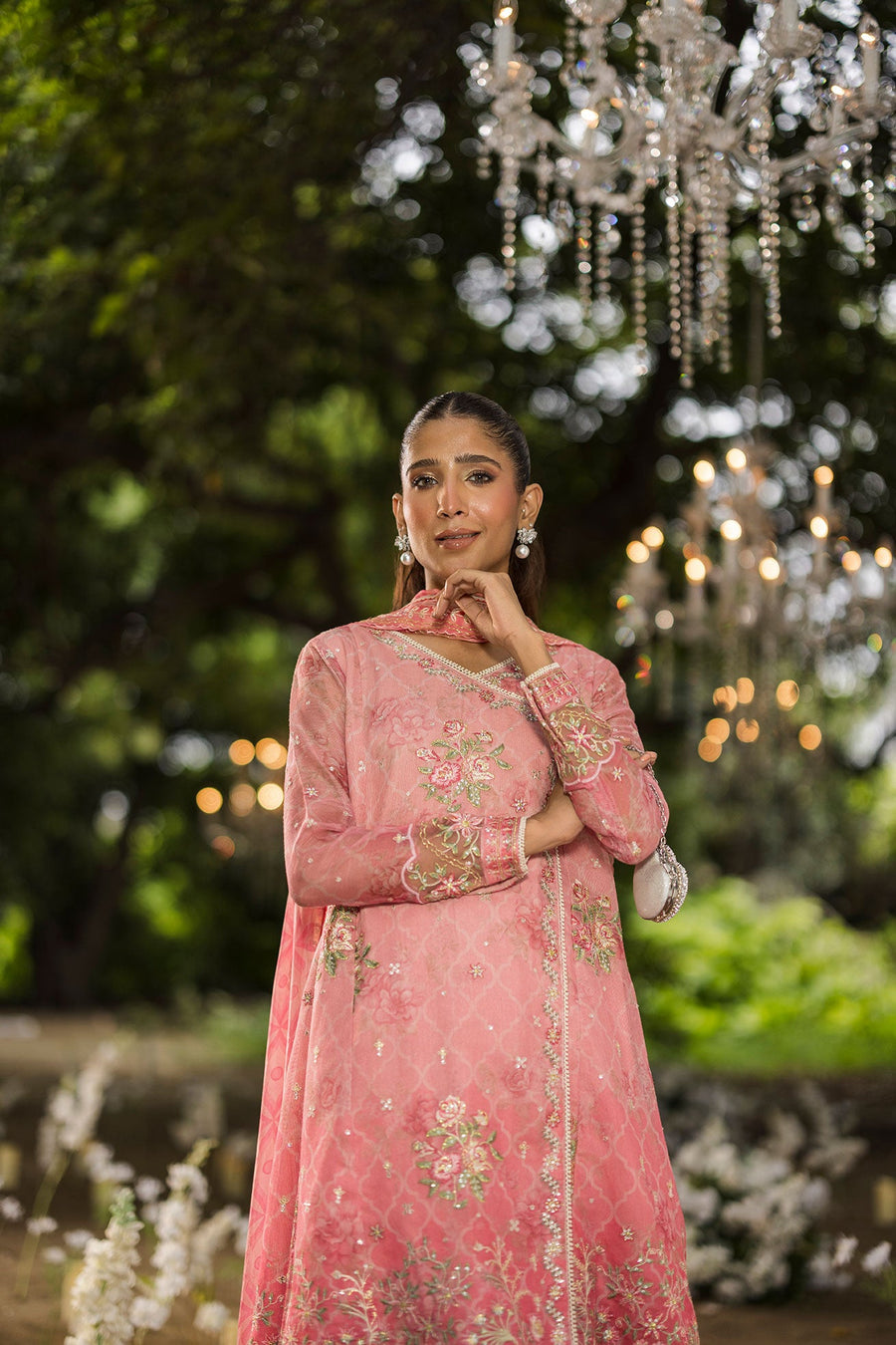 Rose Pink Embroidered Khaddi Net 3 Piece Suit with Silk Dupatta
