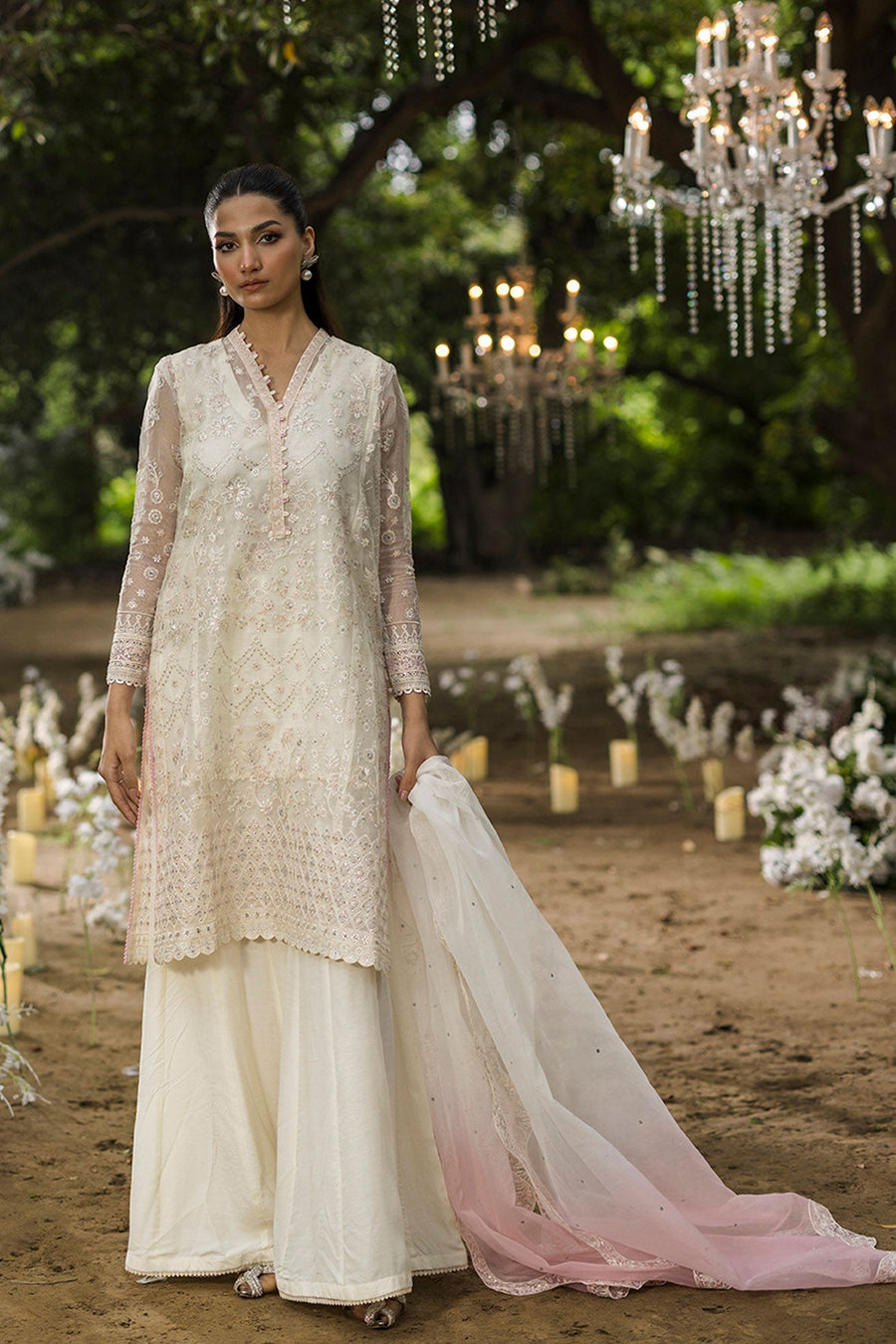 Ethereal Off-White Embroidered Organza 3-Piece Suit with Ombré Dupatta